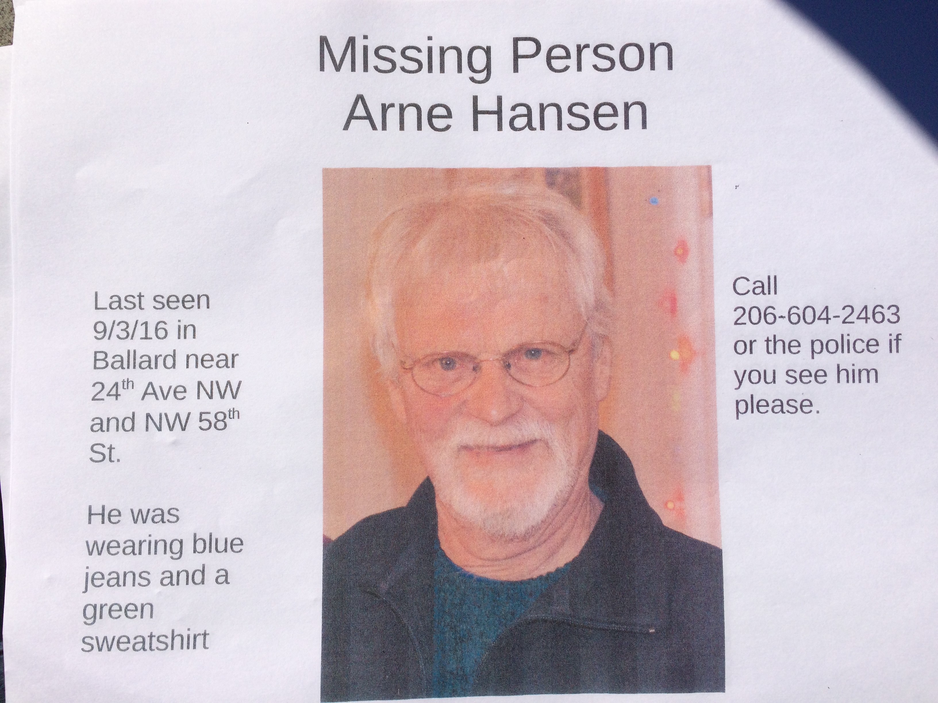 Update Arne Hansen missing, last seen in Ballard Westside Seattle