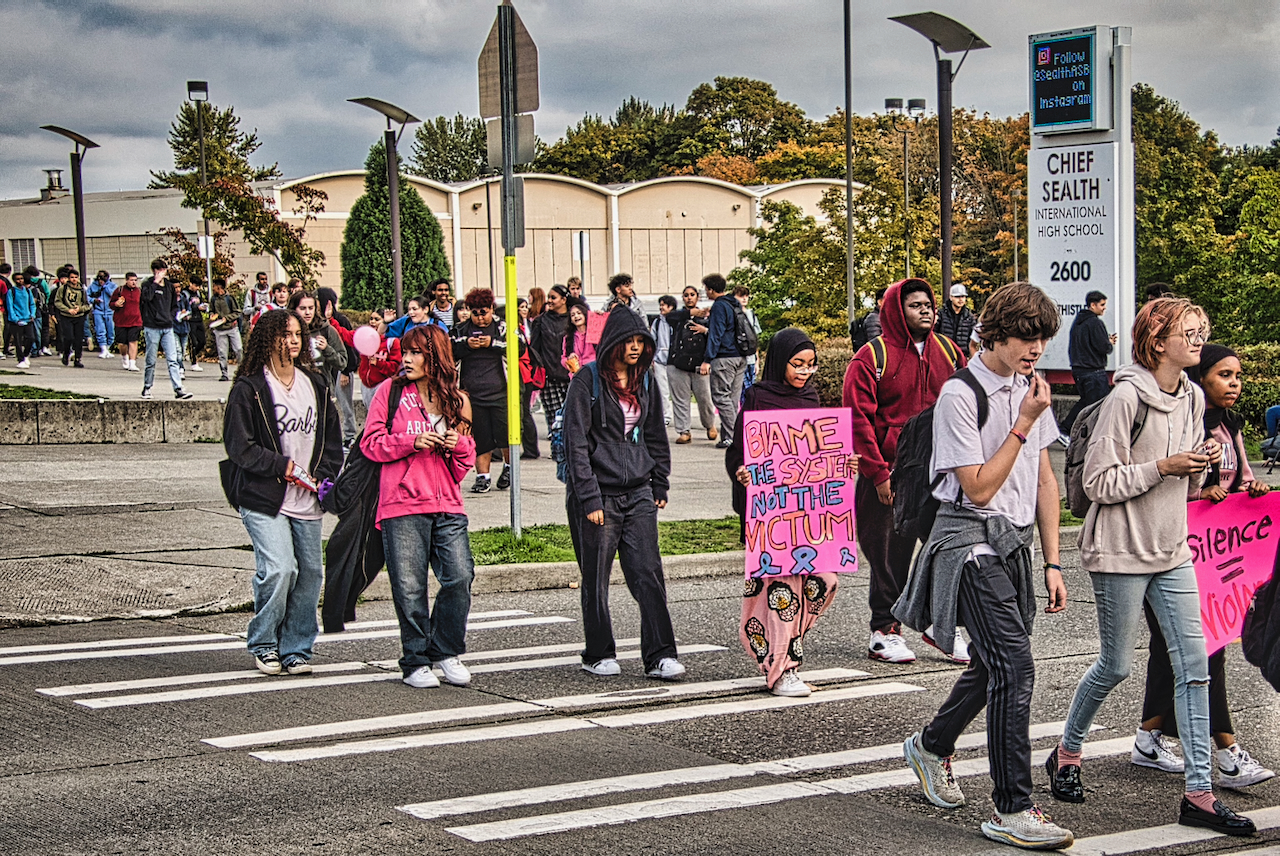 students in the street