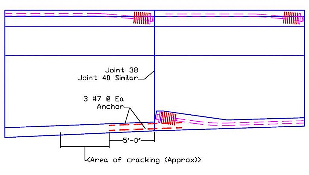 A diagram of the post-tensioning anchor system termination at Joint 38