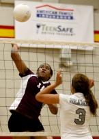 Beauty Jackson of TJ winds up to spike the ball against Beamers Lexie Jones.