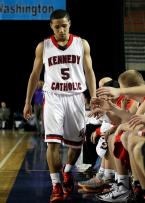 With just 1:43 in the game, a disappointed Keannu Royster of Kennedy Catholic walks to the bench.