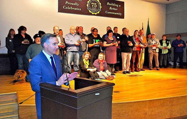 Dow Constantine speaking at South Park Thank You event